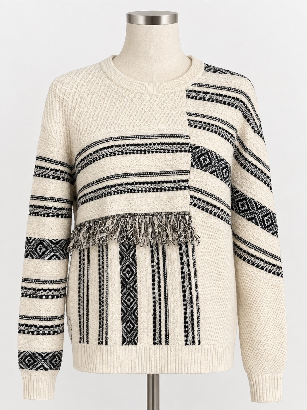 🤍 White + Warren Black & Ivory Geometric Knit Sweater — Size M